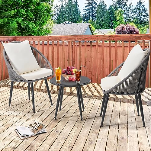 Wildformers 3 Pieces Bistro Set, Woven Rope Chair with Cushions, All Weather Patio Conversation Set and Side Table, Ideal for Deck, Balcony, Poolside, Grey