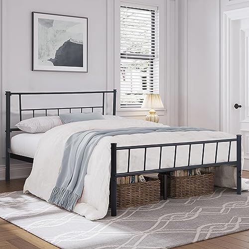 Haiput Wam Black Queen Bed Frame with Headboard and Footboard, Black Metal Bed Frame Queen Noise-Free, Farmhouse Bed Frame No Box Spring Needed, Easy Assembly, Queen