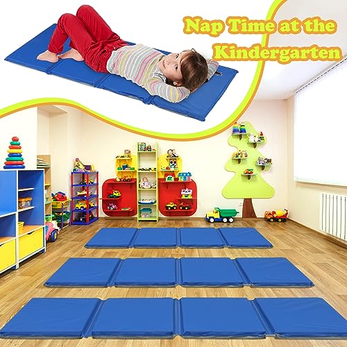 Marsui 10 Pack Folding Rest Mat Toddler Nap Mat Folding Exercise Mat 1 Inch Thick Gymnastics Mat 4 Section Classroom Sleeping Mat for Yoga School Daycare Travel and Home Blue, Grey