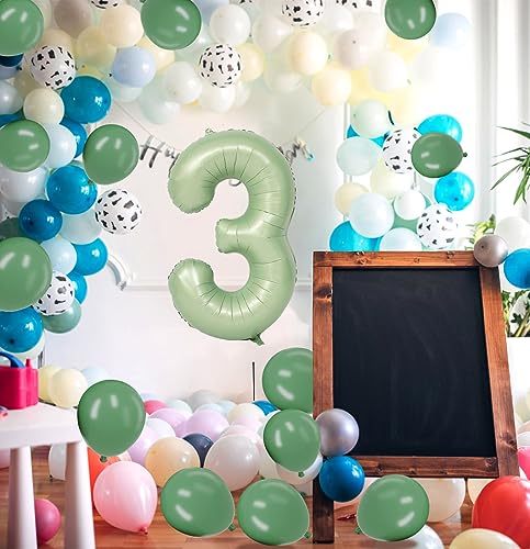 Number 3 Balloon 40 Inch Sage Green Number Balloon Foil Mylar Balloon for Boys Girls 3rd 30th Birthday Wedding Anniversary Jungle Party Decoration Supplies large Number Balloons