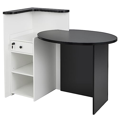 Tangkula Reception Desk, Front Counter Desk with Lockable Drawer & Adjustable Shelf, Oval Desktop, Retail Counter for Checkout, Computer Workstation for Salon Lobby Office, Home Office Desk