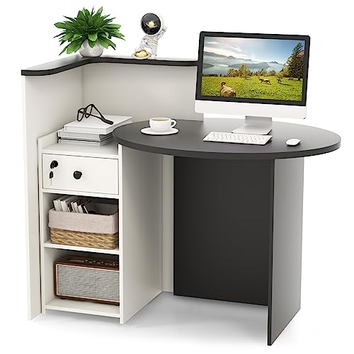 Tangkula Reception Desk, Front Counter Desk with Lockable Drawer & Adjustable Shelf, Oval Desktop, Retail Counter for Checkout, Computer Workstation for Salon Lobby Office, Home Office Desk