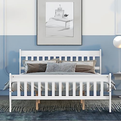 RIDFY Queen Platform Bed Frame with Headboard & Footboard, Wood Sleigh Bed Frame with Slats Support, No Box Spring Needed, Noise Free, Easy Assembly (White)