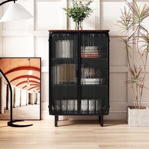 aisurun 28.35" modern storage cabinet sideboard with 2 glass doors, fir top & 3 storage shelves for entryway living room home office dining room, black+brown