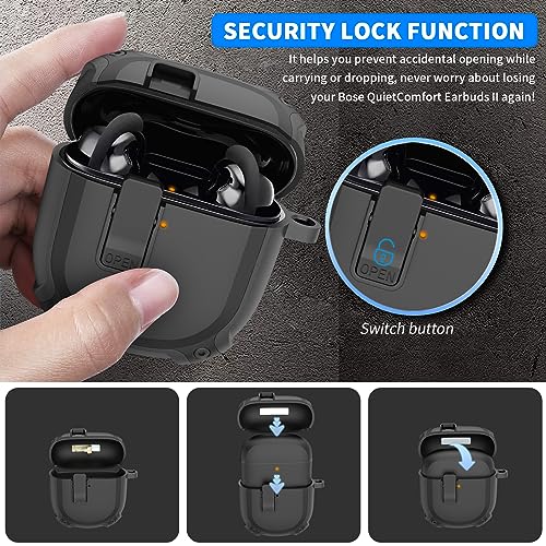 Secure Lock Bose QuietComfort Earbuds II Case(2022),WOFRO Full-Body Shockproof Protective Bose Earbuds 2 Case Cover Hard for Bose QC II Accessories with Carabiner&Lanyard (Black)