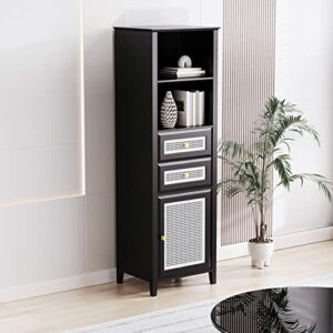 Tall Storage Cabinet Narrow Bathroom Corner Cabinet with Rattan Door Mid Century Modern Tower Cabinet Freestanding Cabinet Organizer with Metal Handles for Kitchen, Living Room, Bedroom, Black