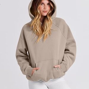 Caracilia Women Solid Basic Loose Hoodie Top Fleece Long Sleeve Pullover Oversized Hooded Sweatshirts with Pocket 2023 Fall Winter Clothes Cute Warm Baggy Sweaters Cozy Outfits 1025shenxing-L Khaki