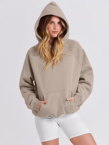 Caracilia Women Solid Basic Loose Hoodie Top Fleece Long Sleeve Pullover Oversized Hooded Sweatshirts with Pocket 2023 Fall Winter Clothes Cute Warm Baggy Sweaters Cozy Outfits 1025shenxing-L Khaki