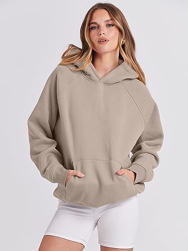 Caracilia Women Solid Basic Loose Hoodie Top Fleece Long Sleeve Pullover Oversized Hooded Sweatshirts with Pocket 2023 Fall Winter Clothes Cute Warm Baggy Sweaters Cozy Outfits 1025shenxing-L Khaki