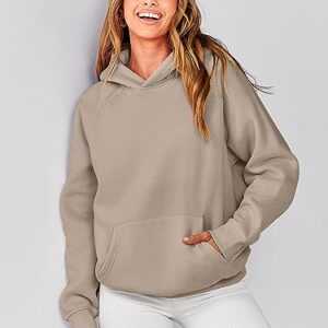 Caracilia Women Solid Basic Loose Hoodie Top Fleece Long Sleeve Pullover Oversized Hooded Sweatshirts with Pocket 2023 Fall Winter Clothes Cute Warm Baggy Sweaters Cozy Outfits 1025shenxing-L Khaki