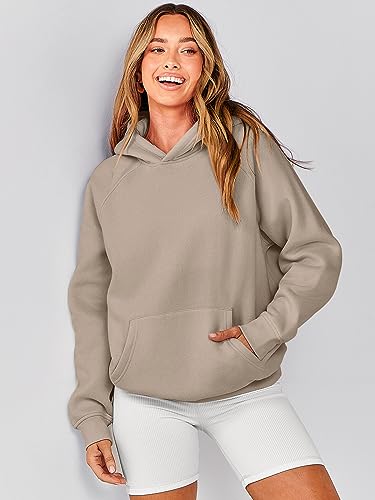 Caracilia Women Solid Basic Loose Hoodie Top Fleece Long Sleeve Pullover Oversized Hooded Sweatshirts with Pocket 2023 Fall Winter Clothes Cute Warm Baggy Sweaters Cozy Outfits 1025shenxing-L Khaki