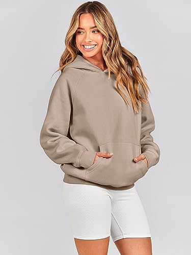 Caracilia Women Solid Basic Loose Hoodie Top Fleece Long Sleeve Pullover Oversized Hooded Sweatshirts with Pocket 2023 Fall Winter Clothes Cute Warm Baggy Sweaters Cozy Outfits 1025shenxing-L Khaki