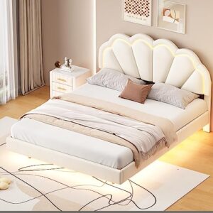led floating bed frame queen size, upholstered platform bed with shell shaped headboard, modern velvet cloud beds with light for kids girls boys teens adults, no box spring needed, beige