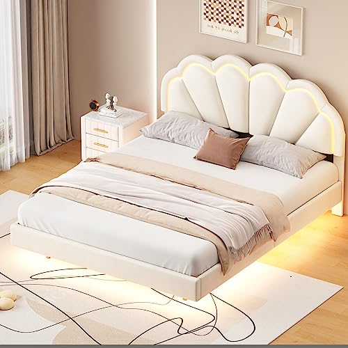 LED Floating Bed Frame Queen Size, Upholstered Platform Bed with Shell Shaped Headboard, Modern Velvet Cloud Beds with Light for Kids Girls Boys Teens Adults, No Box Spring Needed, Beige