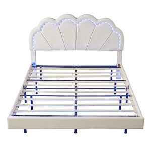 LED Floating Bed Frame Queen Size, Upholstered Platform Bed with Shell Shaped Headboard, Modern Velvet Cloud Beds with Light for Kids Girls Boys Teens Adults, No Box Spring Needed, Beige