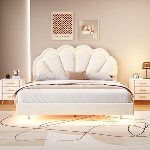 LED Floating Bed Frame Queen Size, Upholstered Platform Bed with Shell Shaped Headboard, Modern Velvet Cloud Beds with Light for Kids Girls Boys Teens Adults, No Box Spring Needed, Beige