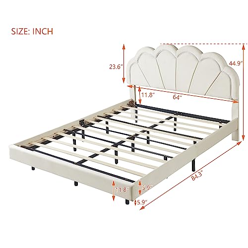 LED Floating Bed Frame Queen Size, Upholstered Platform Bed with Shell Shaped Headboard, Modern Velvet Cloud Beds with Light for Kids Girls Boys Teens Adults, No Box Spring Needed, Beige