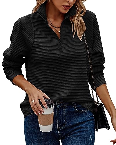 BTFBM Womens 2023 Fall Fashion Quarter Zip Sweatshirts Half Zip Casual Long Sleeve Solid Color V Neck Pullover Tops(Solid Black,Medium)