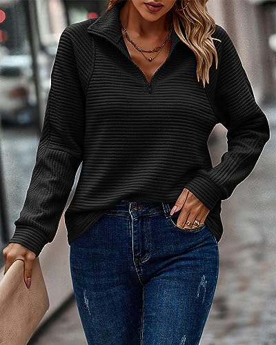 BTFBM Womens 2023 Fall Fashion Quarter Zip Sweatshirts Half Zip Casual Long Sleeve Solid Color V Neck Pullover Tops(Solid Black,Medium)