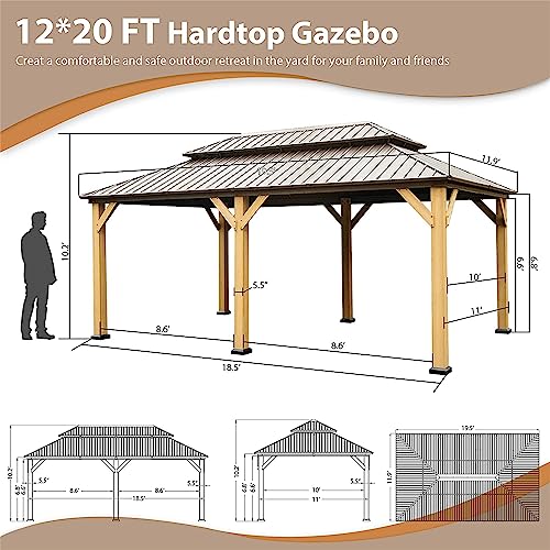 UBGO 12"x20"Hardtop Gazebo,Outdoor Permanent Gazebo with Galvanized Steel Double Roof,Cedar Wood Frame Canopy,Metal Pavilion with Curtains and Netting for Patio, Backyard and Lawn(Brown)
