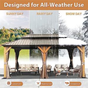 UBGO 12"x20"Hardtop Gazebo,Outdoor Permanent Gazebo with Galvanized Steel Double Roof,Cedar Wood Frame Canopy,Metal Pavilion with Curtains and Netting for Patio, Backyard and Lawn(Brown)