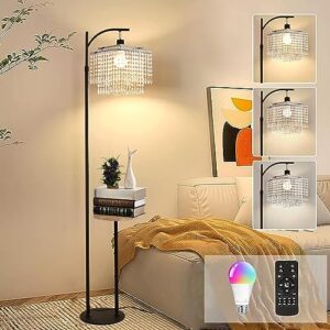 Floor Lamp with Table and Shelves for Living Room Bedroom Modern Arc Crystal Floor Standing Lamp with Remote Dimmable Two Layer Crystals LampShade Black Adjustable Tall Lamp Industrial Floor light