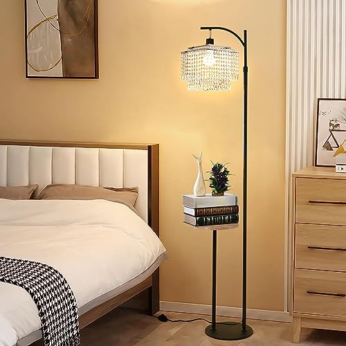 Floor Lamp with Table and Shelves for Living Room Bedroom Modern Arc Crystal Floor Standing Lamp with Remote Dimmable Two Layer Crystals LampShade Black Adjustable Tall Lamp Industrial Floor light