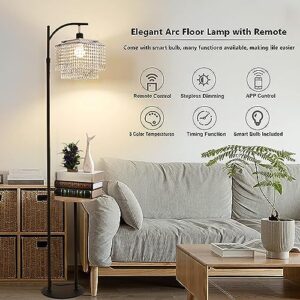 Floor Lamp with Table and Shelves for Living Room Bedroom Modern Arc Crystal Floor Standing Lamp with Remote Dimmable Two Layer Crystals LampShade Black Adjustable Tall Lamp Industrial Floor light