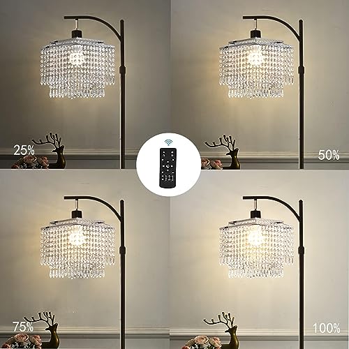 Floor Lamp with Table and Shelves for Living Room Bedroom Modern Arc Crystal Floor Standing Lamp with Remote Dimmable Two Layer Crystals LampShade Black Adjustable Tall Lamp Industrial Floor light