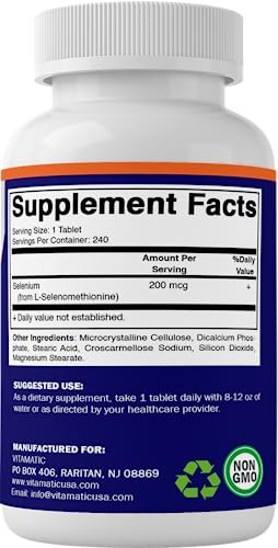 Vitamatic Yeast Free Selenium 200mcg as Selenomethionine Supplement Essential Trace Mineral with Superior Absorption 240 Tablets