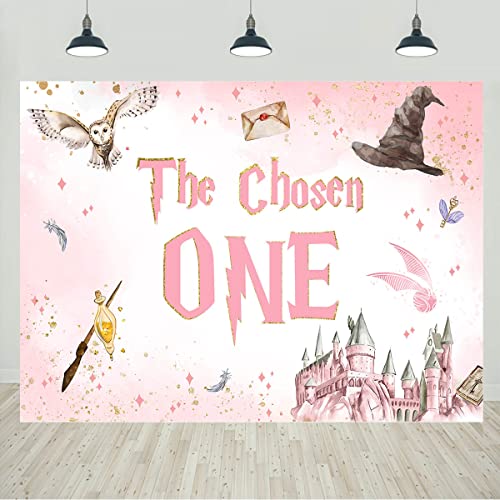 Wizard Birthday Backdrop for Girls Pink Witch Magic School of Wizardry The Chosen One Happy 1st Birthday Party Background Decorations Girl Birthday Cake Table Banner 7x5ft