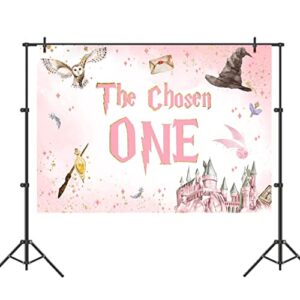 Wizard Birthday Backdrop for Girls Pink Witch Magic School of Wizardry The Chosen One Happy 1st Birthday Party Background Decorations Girl Birthday Cake Table Banner 7x5ft