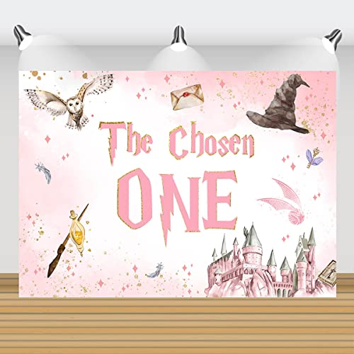 Wizard Birthday Backdrop for Girls Pink Witch Magic School of Wizardry The Chosen One Happy 1st Birthday Party Background Decorations Girl Birthday Cake Table Banner 7x5ft