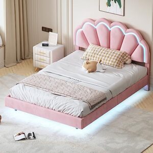 upholstered smart led bed frame with elegant flowers headboard,floating velvet platform led bed with wooden slats supportfor bedroom, no box spring needed (pink, full)