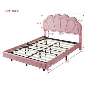 Upholstered Smart LED Bed Frame with Elegant Flowers Headboard,Floating Velvet Platform LED Bed with Wooden Slats Supportfor Bedroom, No Box Spring Needed (Pink, Full)