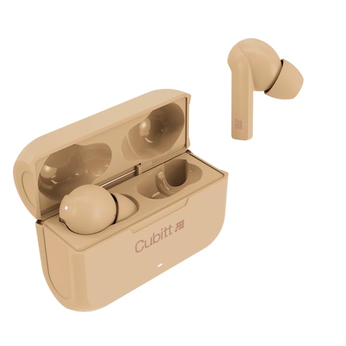 Cubitt True Wireless Earbuds Generation 2, 5.3 Bluetooth, IPX5 Water reistance, Premium Sound, Touch Control, Built in Microphone, Voice Assistance, Game Mode for Men and Women (Beige)