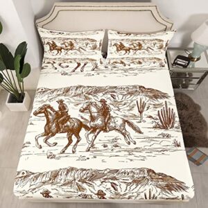 erosebridal western fitted sheet full size cowboy bed sheets american wild west desert hand drawn illustration bed set country theme bedroom decor sheets for boys men teens(no top sheet)