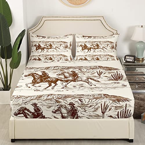 Erosebridal Western Fitted Sheet Full Size Cowboy Bed Sheets American Wild West Desert Hand Drawn Illustration Bed Set Country Theme Bedroom Decor Sheets for Boys Men Teens(No Top Sheet)