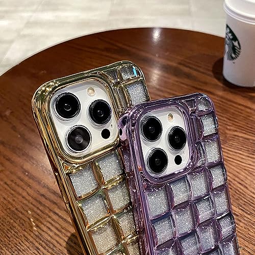 Fycyko Case for iPhone 14 Pro Max Glitter Phone Case 3D Wave Lattice Luxury Plating Aesthetic Cute Gradient Twinkle Bling Sparkle Design for iPhone 14 Pro Max Women Girl Men 6.7'' Purple