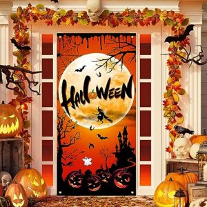 halloween door decoration happy halloween door cover, large fabric halloween party decorations door cover for front door porch wall decoration halloween party supplies indoor outdoor,5.9x2.9 feet, d