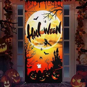 Halloween Door Decoration Happy Halloween Door Cover, Large Fabric Halloween Party Decorations Door Cover for Front Door Porch Wall Decoration Halloween Party Supplies Indoor Outdoor,5.9x2.9 Feet, D