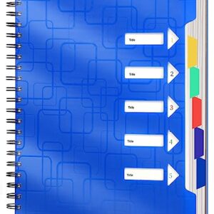 CAGIE 5 Subject Notebook Wide Ruled 8.5x11 Spiral Notebook with Dividers Tabs 240 Pages A4 Notebooks for School Work Organization Note Taking, Blue