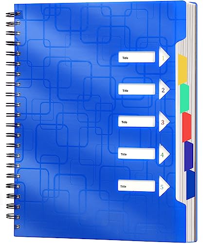 CAGIE 5 Subject Notebook Wide Ruled 8.5x11 Spiral Notebook with Dividers Tabs 240 Pages A4 Notebooks for School Work Organization Note Taking, Blue