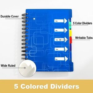 CAGIE 5 Subject Notebook Wide Ruled 8.5x11 Spiral Notebook with Dividers Tabs 240 Pages A4 Notebooks for School Work Organization Note Taking, Blue