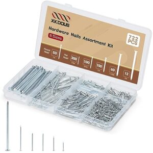 xkdous 722pcs 6 sizes hardware nails assortment kit, up to 3"-long galvanized nails, small nails,wood nails, wall nails for hanging pictures