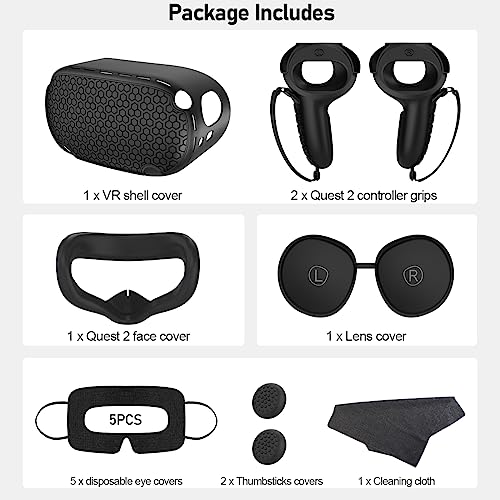 for Oculus Quest 2 Accessories Face Cushion Cover for Quest 2 Contorller Grips Lens Cover VR Silicone Covers VR Shell Cover Thumbsticks Covers for Meta Quest 2 Disposable Eye Cover 5pcs (Black)