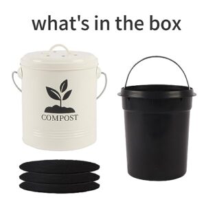 Compost Bin Kitchen Countertop, Indoor Compost Bin with Inner Bucket, 1.3 Gallon Small Compost Bin with Lid, Indoor Composter Bin Counter Compost Pail Food Waste Bin Includes 3pcs Carbon Filter, Cream