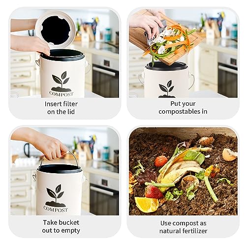 Compost Bin Kitchen Countertop, Indoor Compost Bin with Inner Bucket, 1.3 Gallon Small Compost Bin with Lid, Indoor Composter Bin Counter Compost Pail Food Waste Bin Includes 3pcs Carbon Filter, Cream