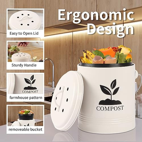 Compost Bin Kitchen Countertop, Indoor Compost Bin with Inner Bucket, 1.3 Gallon Small Compost Bin with Lid, Indoor Composter Bin Counter Compost Pail Food Waste Bin Includes 3pcs Carbon Filter, Cream