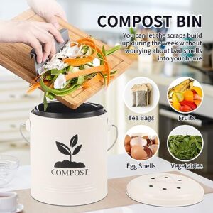 Compost Bin Kitchen Countertop, Indoor Compost Bin with Inner Bucket, 1.3 Gallon Small Compost Bin with Lid, Indoor Composter Bin Counter Compost Pail Food Waste Bin Includes 3pcs Carbon Filter, Cream